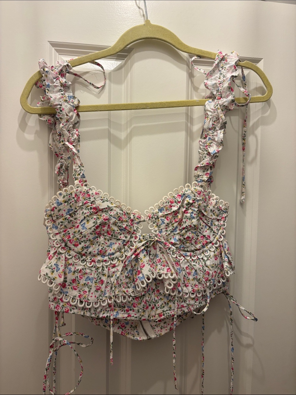For Love & Lemons White Floral Ruffled Tie-Front Crop Top